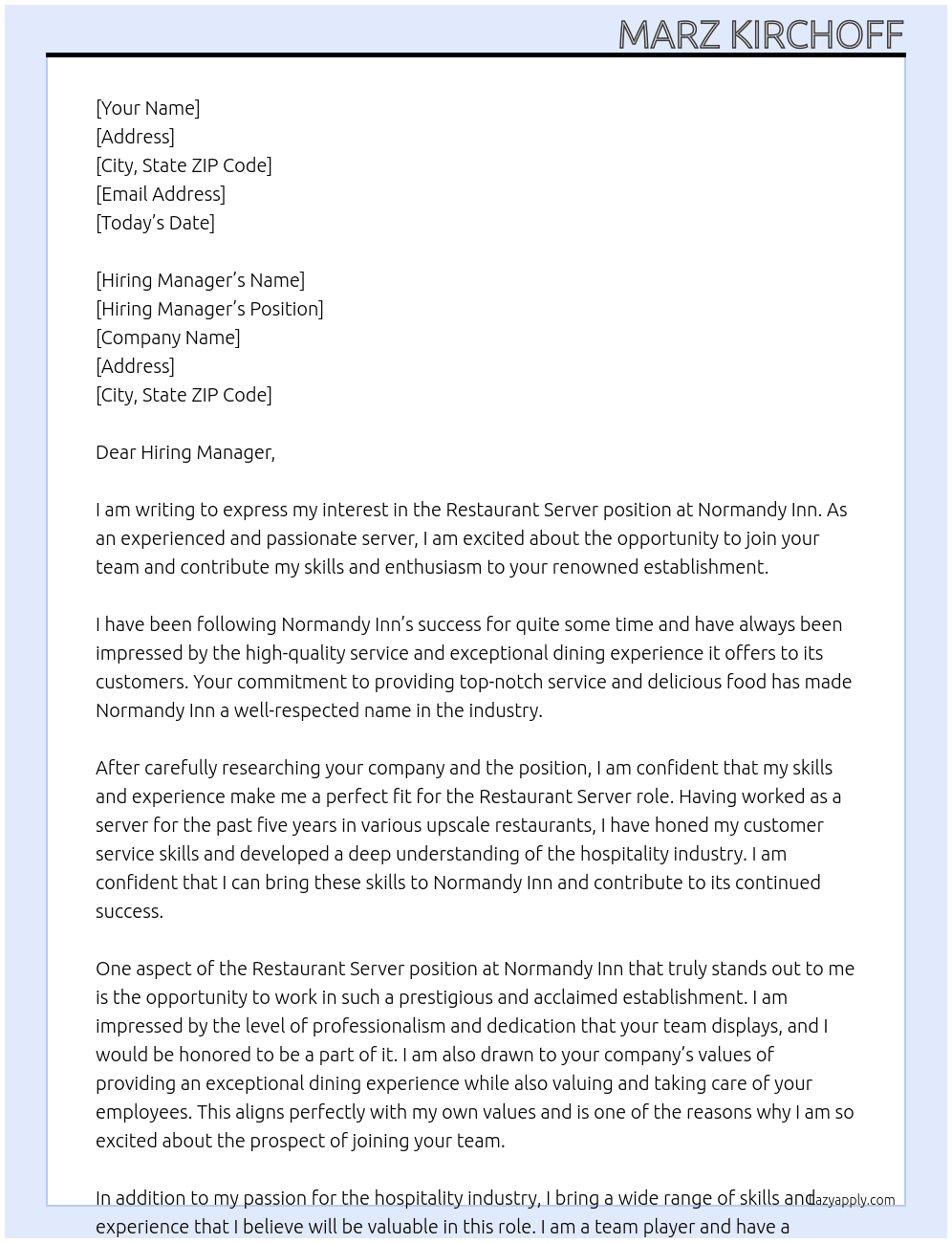 Restaurant Servier At Normandy Inn Cover Letter