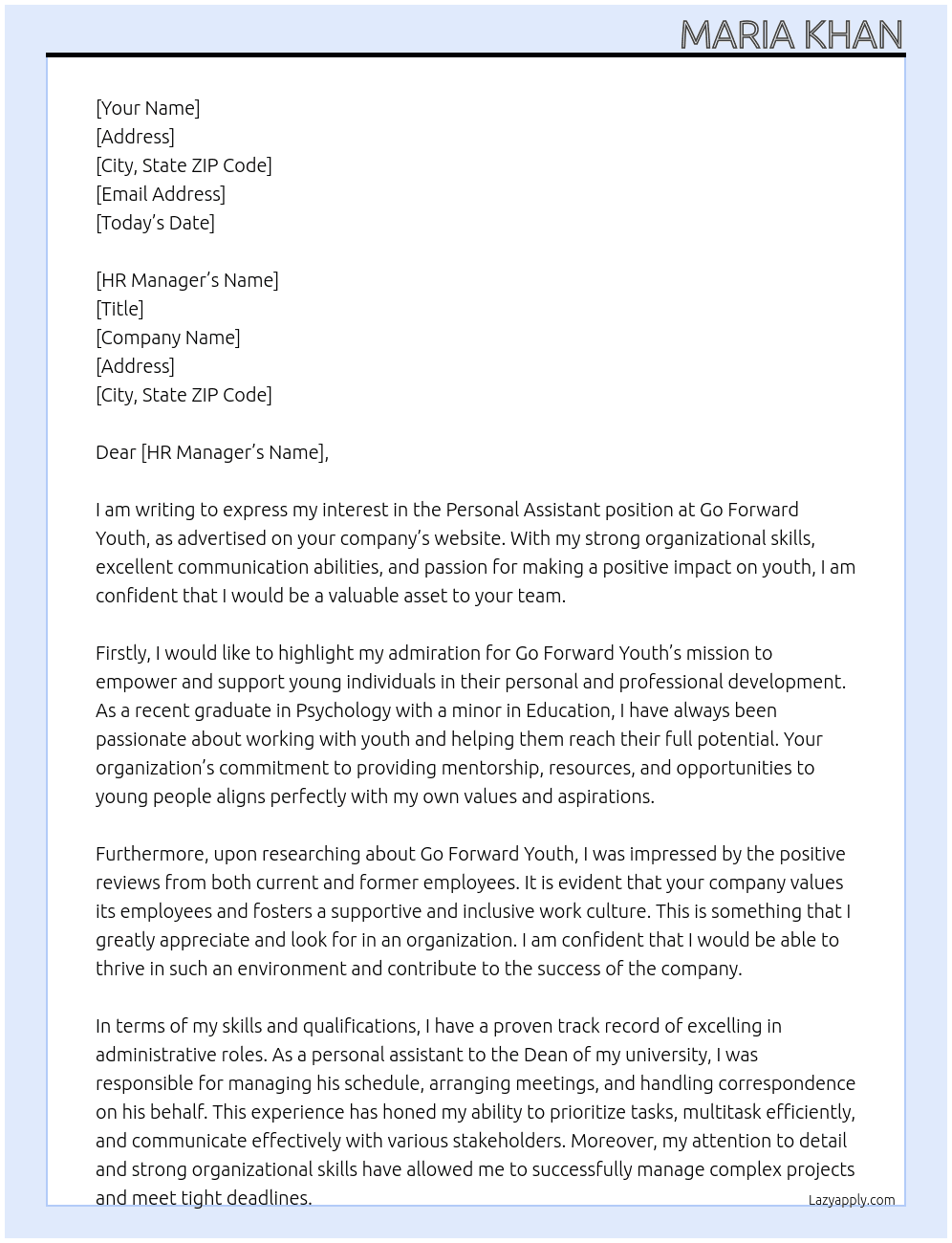 Personal Assistant At Go Forward Youth Cover Letter