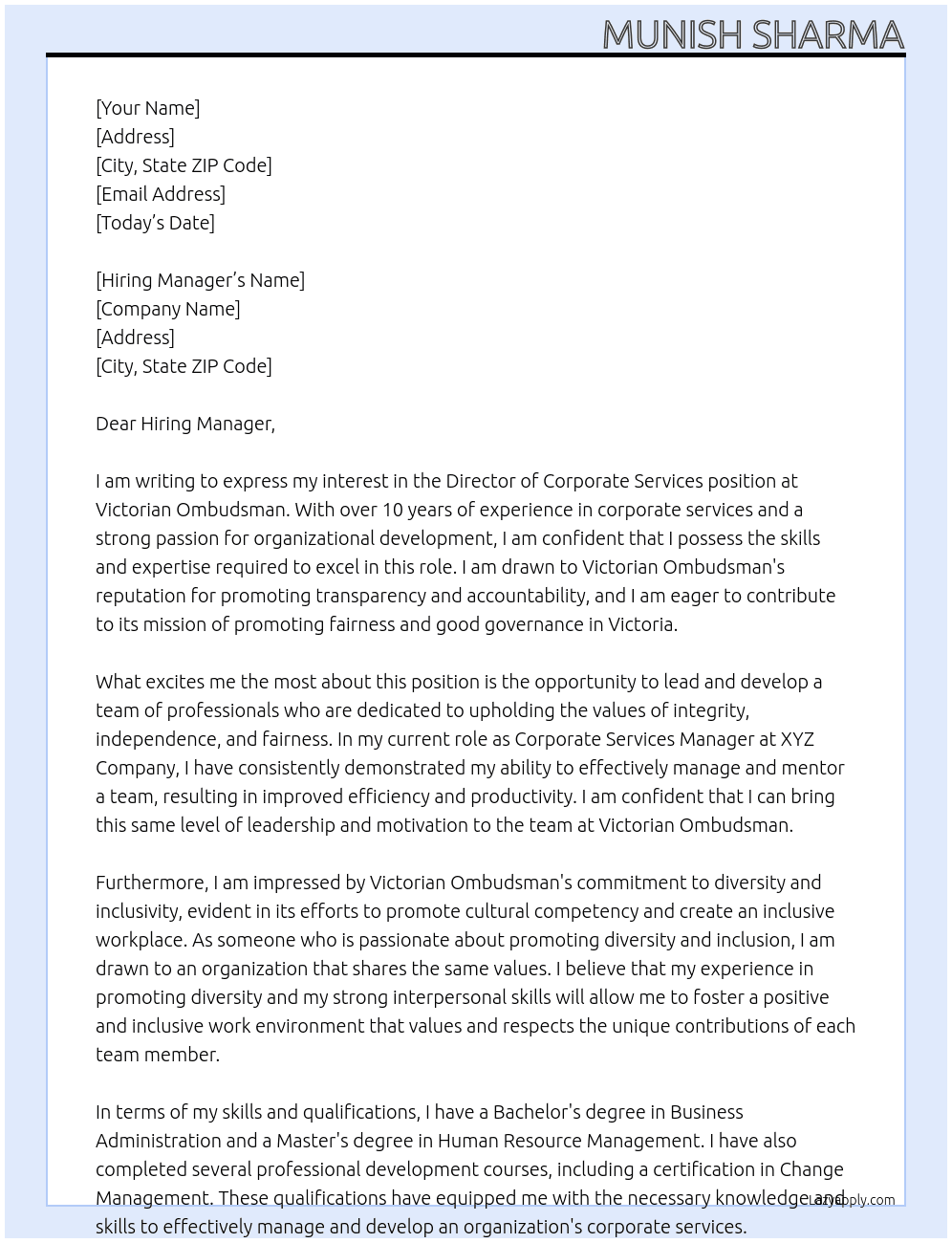 Director, Corporate Services At Victorian Ombudsman Cover Letter