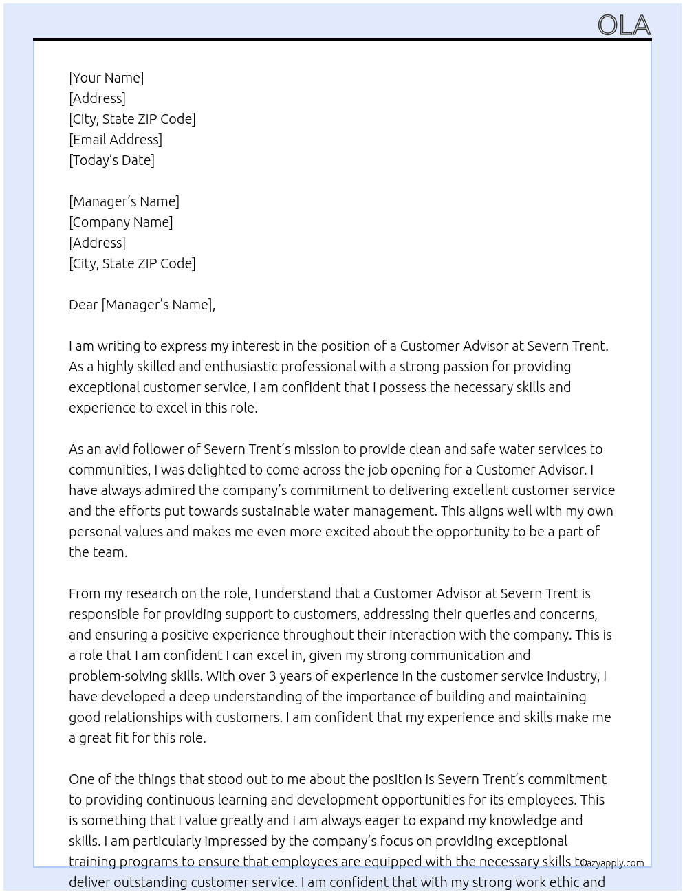 customer advisor At sevren trent Cover Letter