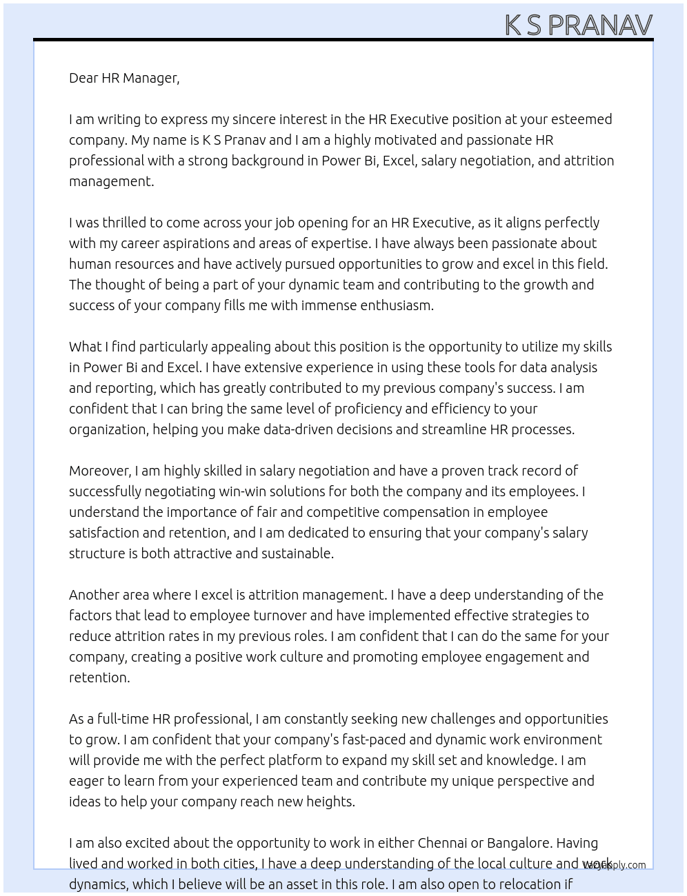 HR At HR EXECUTIVE  Cover Letter