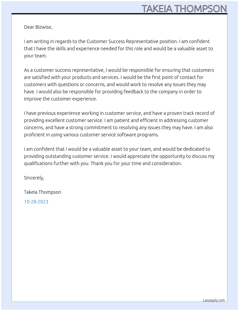 Customer Success Representative  At Bizwise Cover Letter
