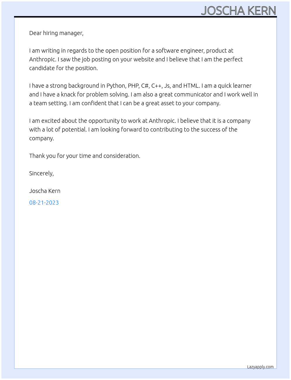 Software Engineer, Product At Anthropic Cover Letter