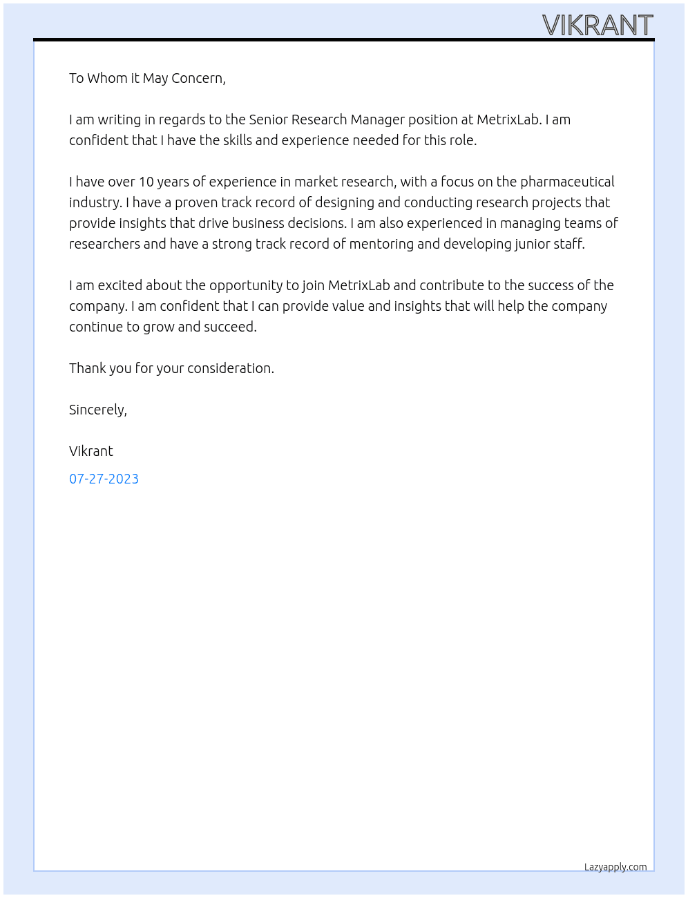 Senior Research Manager At MetrixLab Cover Letter