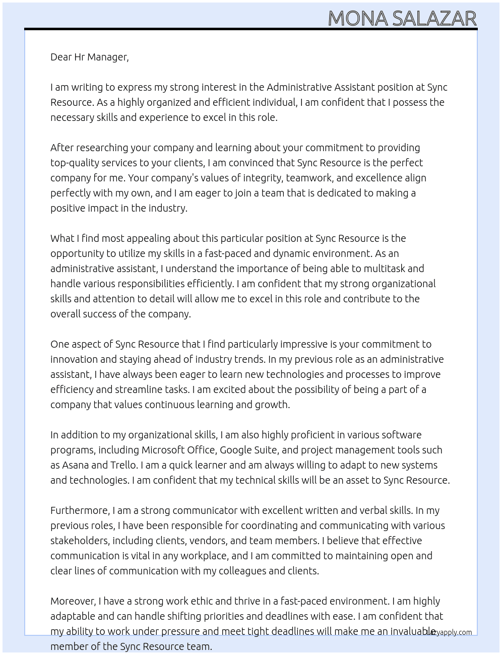administrative assistant At Sync Resource Cover Letter