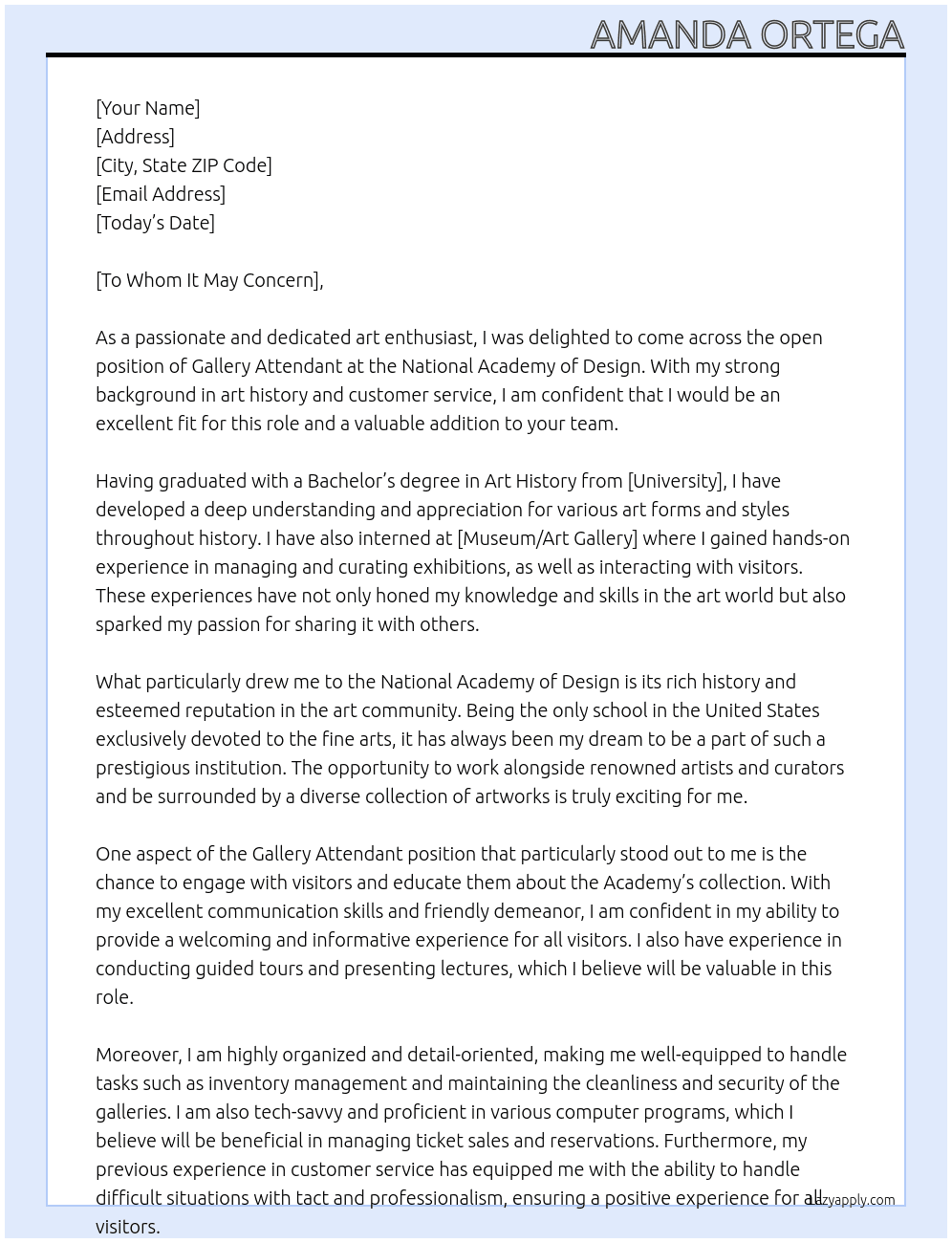 gallery Attendant At National Academy of Design Cover Letter
