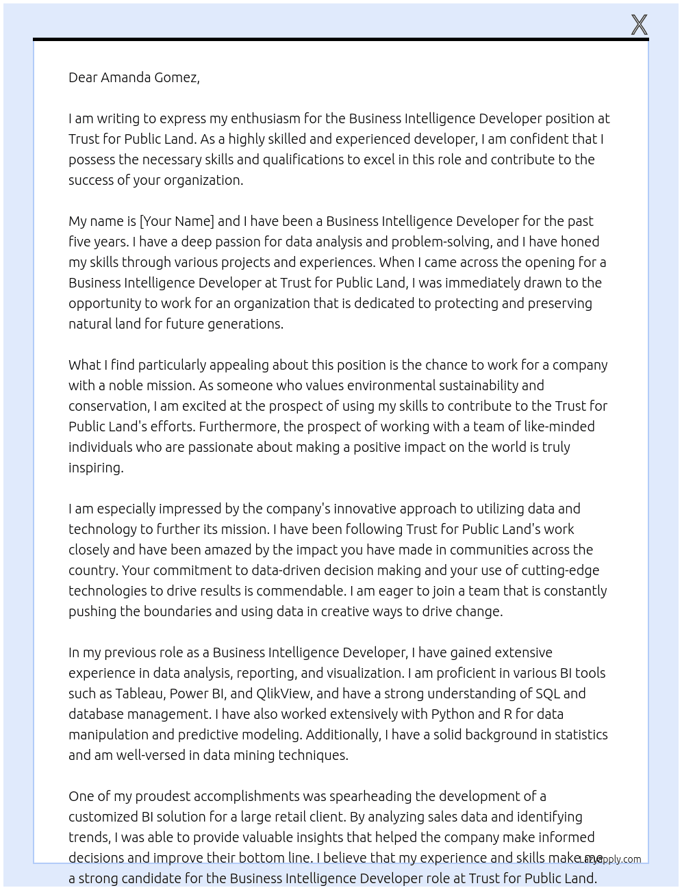 Business Intelligence Developer At Trust for Public Land Cover Letter