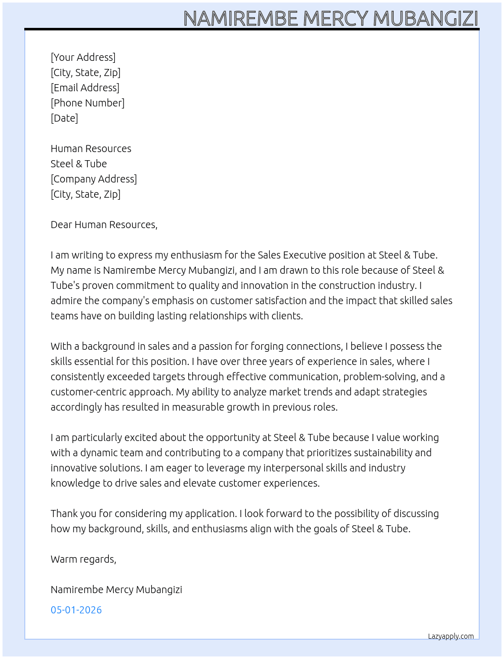 Sales Executive At Steel & Tube Cover Letter