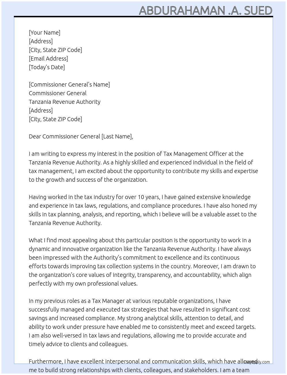 TAX MANAGEMENT OFFICER  At TANZANIA REVENUE AUTHORITY Cover Letter