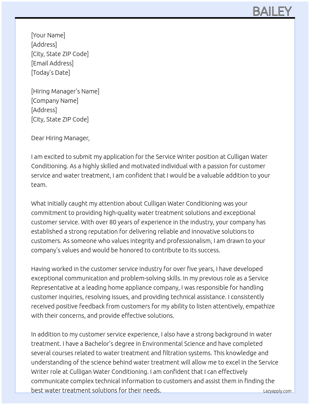 Service Writer At Culligan Water Conditioning Cover Letter