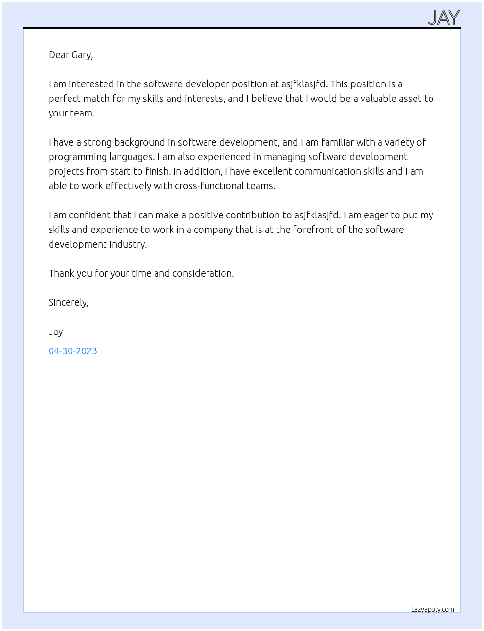 Software Developer At asjfklasjfd Cover Letter