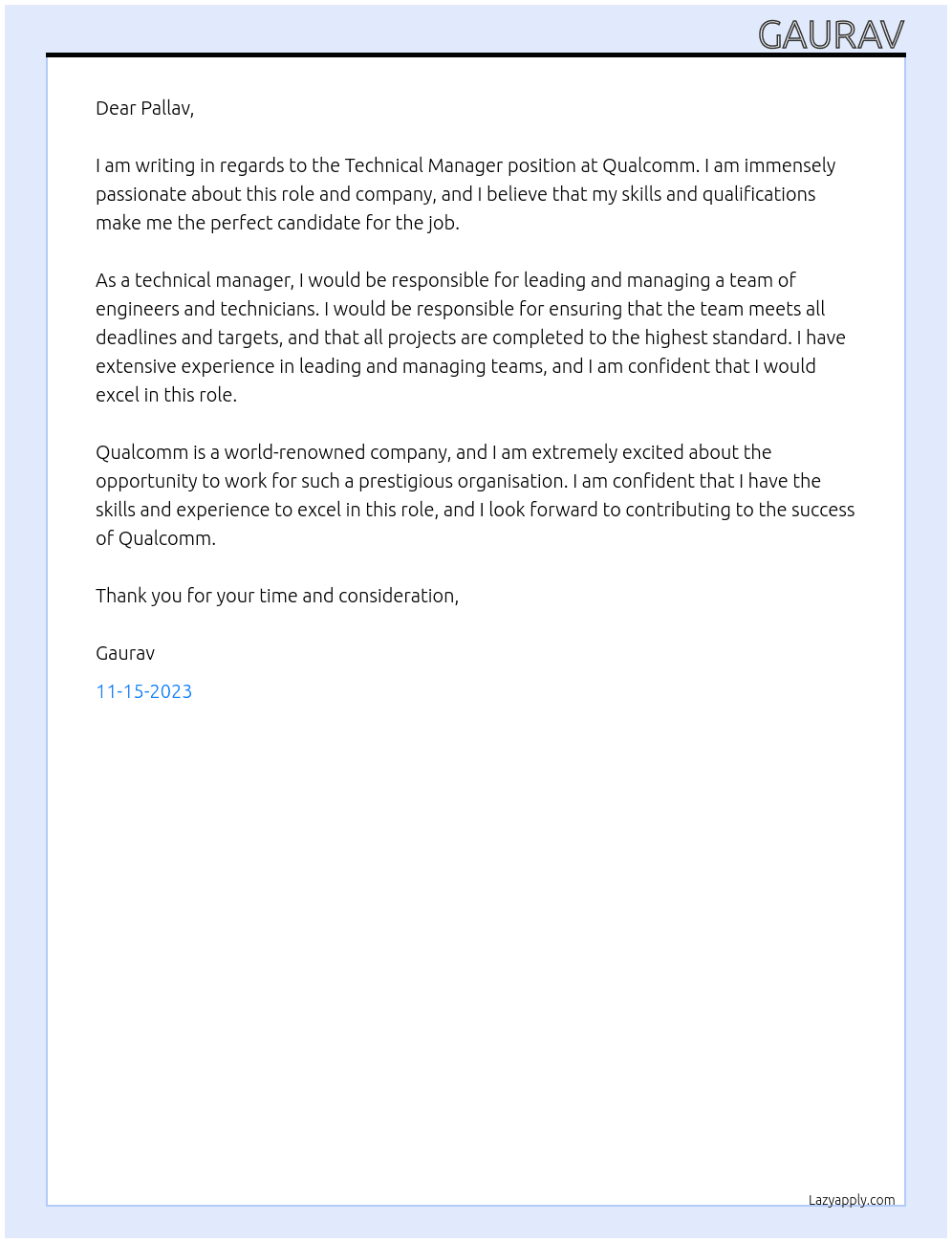 Technical Manager At Qualcomm Cover Letter