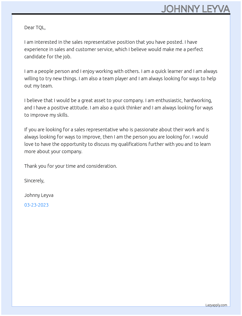 sales representative At TQL Cover Letter