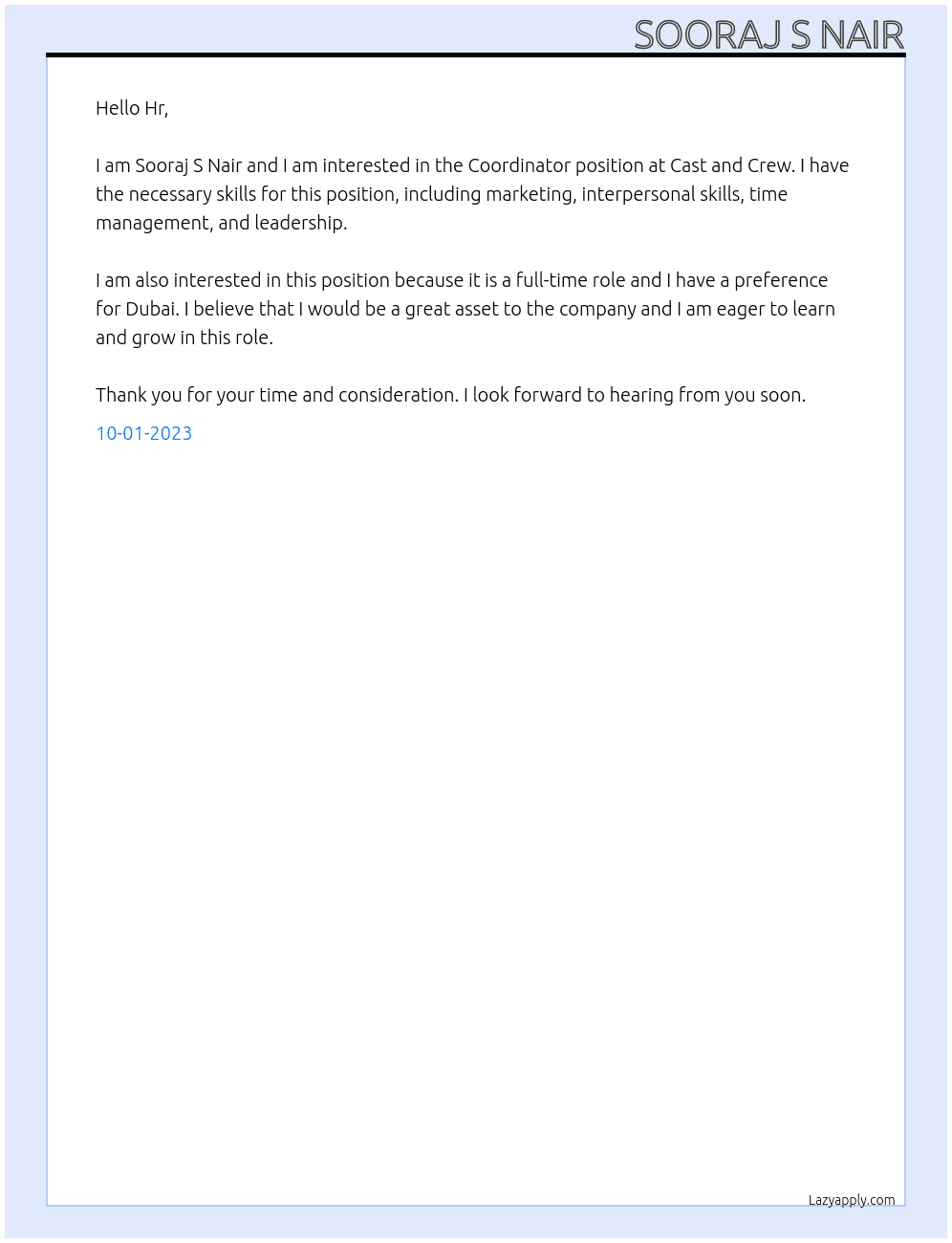 Coordinator  At Cast and crew Cover Letter