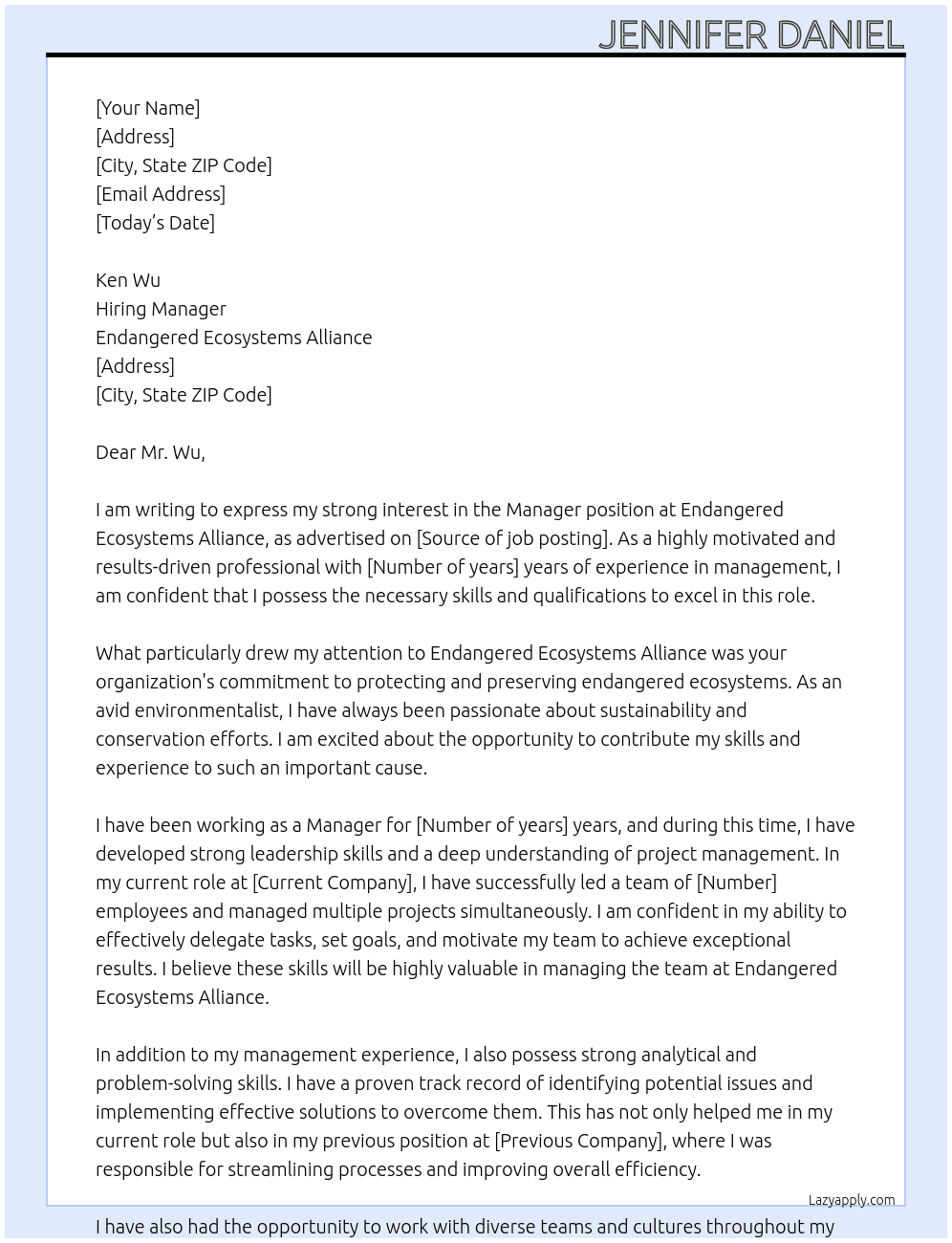 Manager At Endangered Ecosystems Alliance Cover Letter