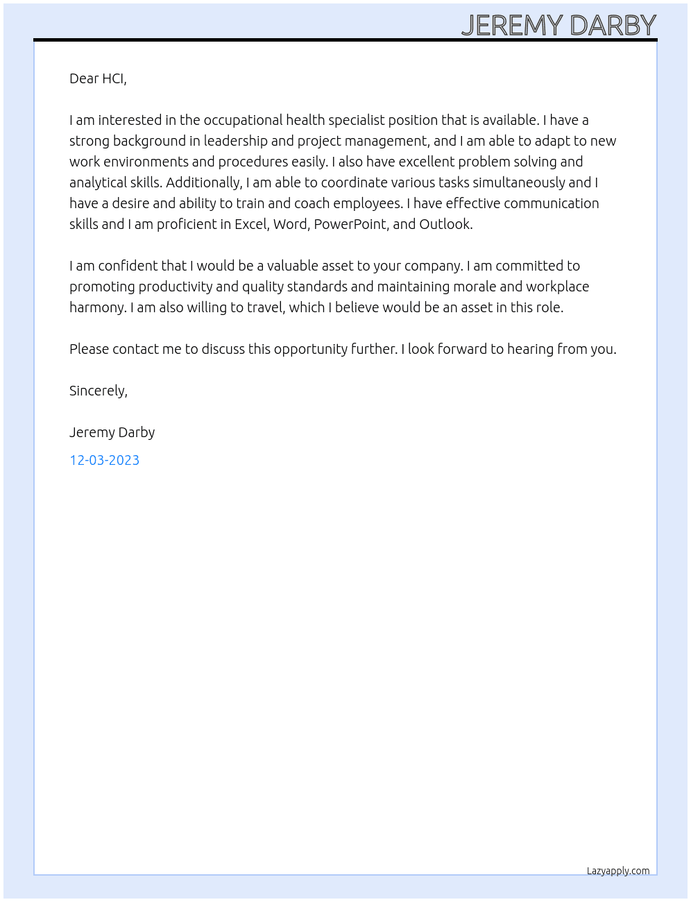Occupational Health Specialist At Health Consevation Incorporated Cover Letter