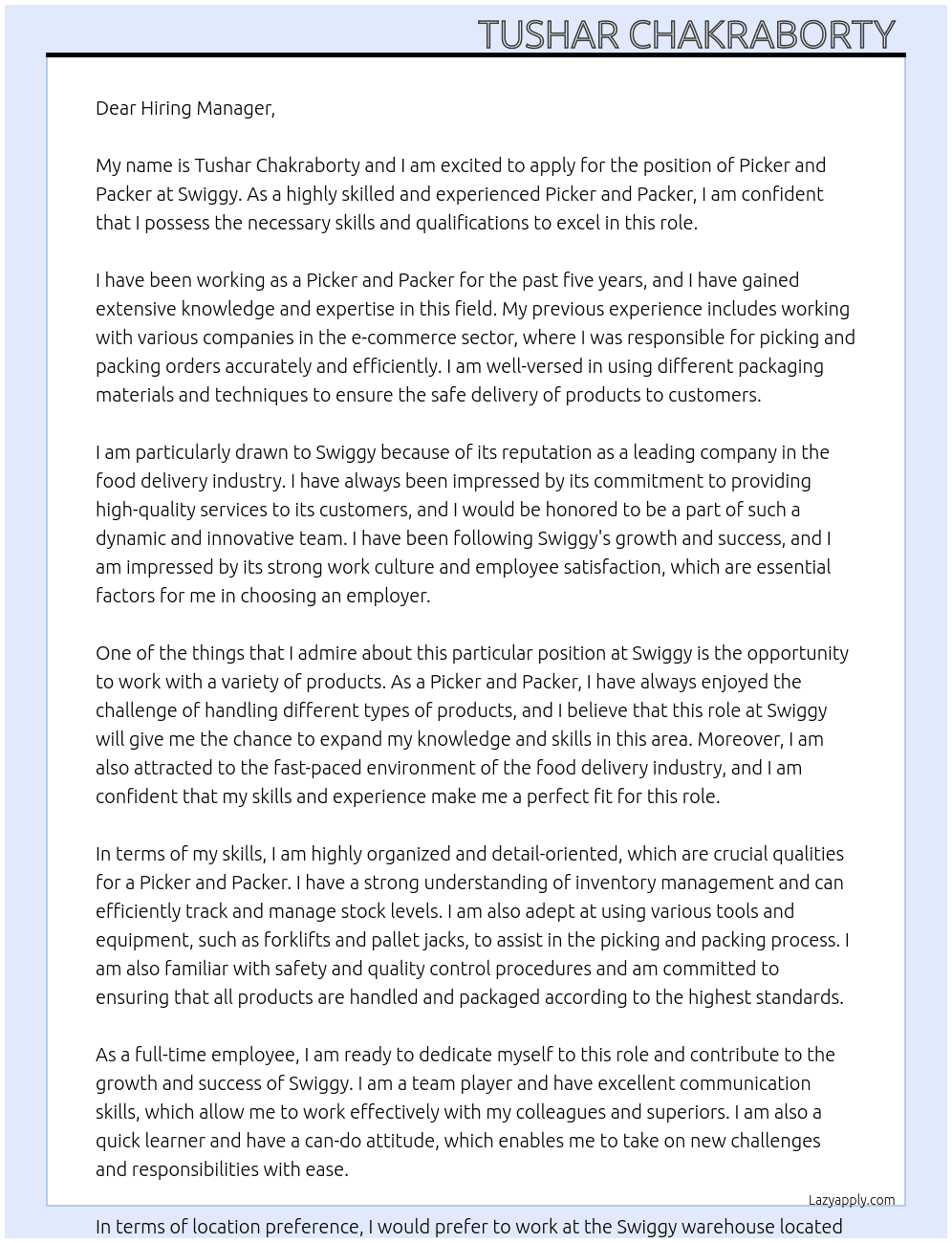 Picker and packer  At Swiggy  Cover Letter