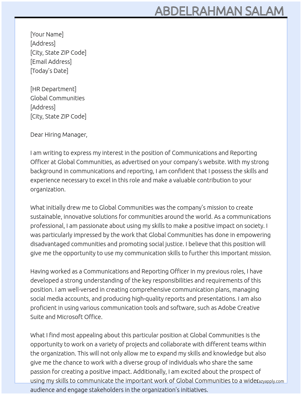 Communications and Reporting Officer At Global Communities Cover Letter