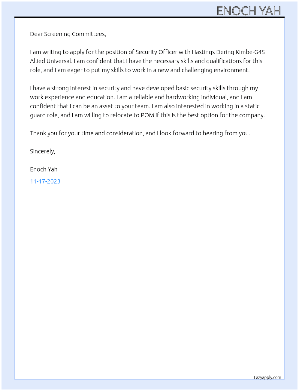 Security officer  At Hastings Dering Kimbe-G4S Allied Universal  Cover Letter