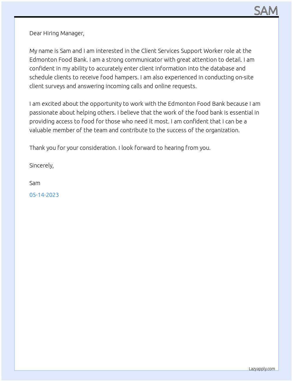 Client Services Support Worker At Edmonton Food Bank Cover Letter