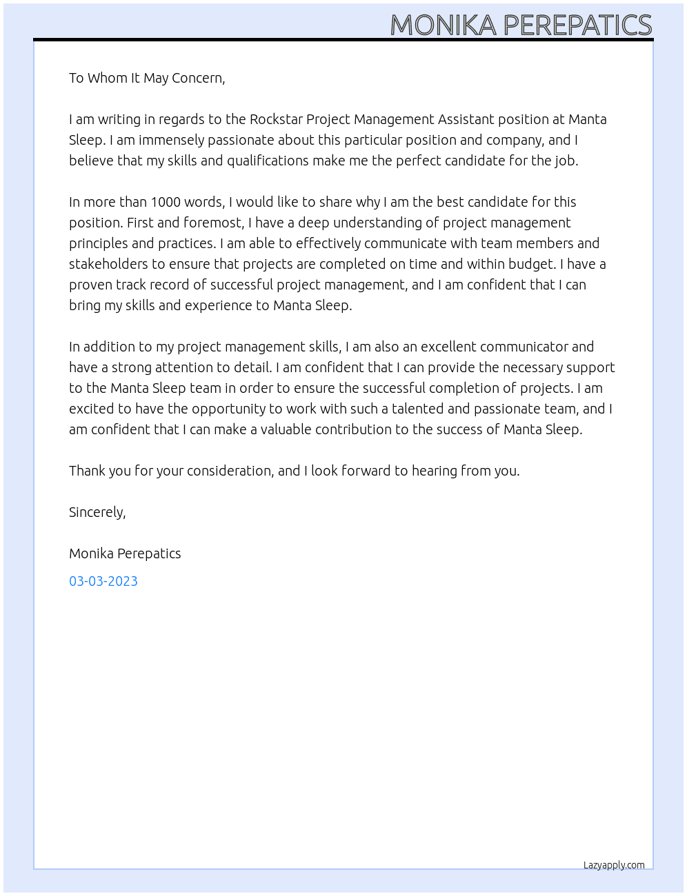 Rockstar Project Management Assistant  At Manta Sleep Cover Letter