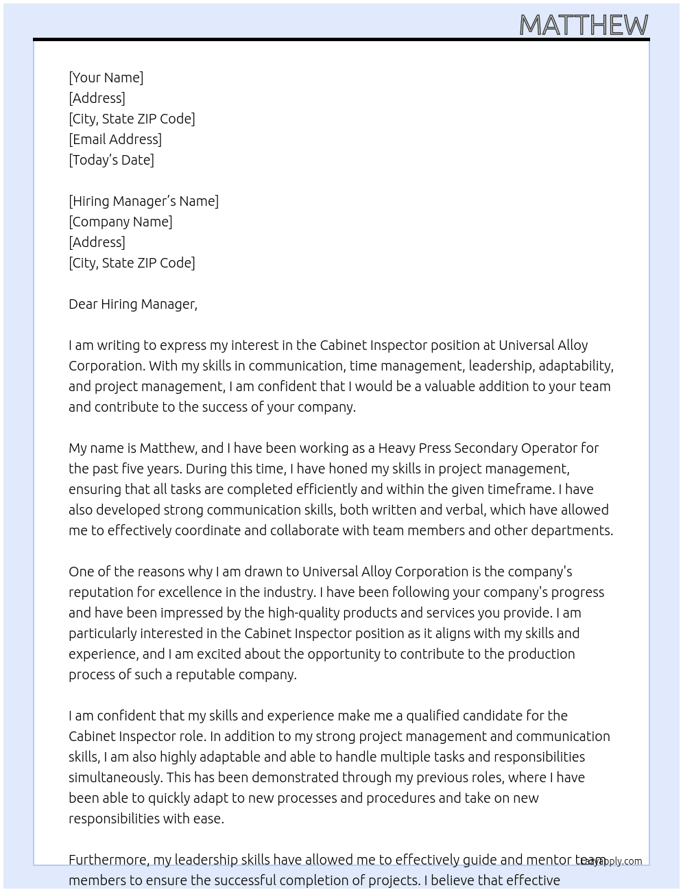 Cabinet Inspector  At Universal Alloy Corporation Cover Letter