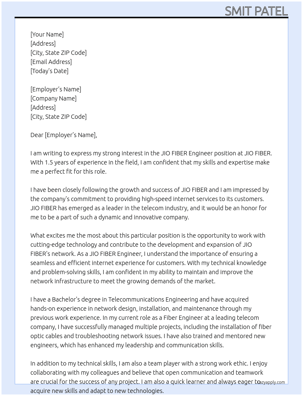 JIO FIBER  At JIO FIBER  Cover Letter