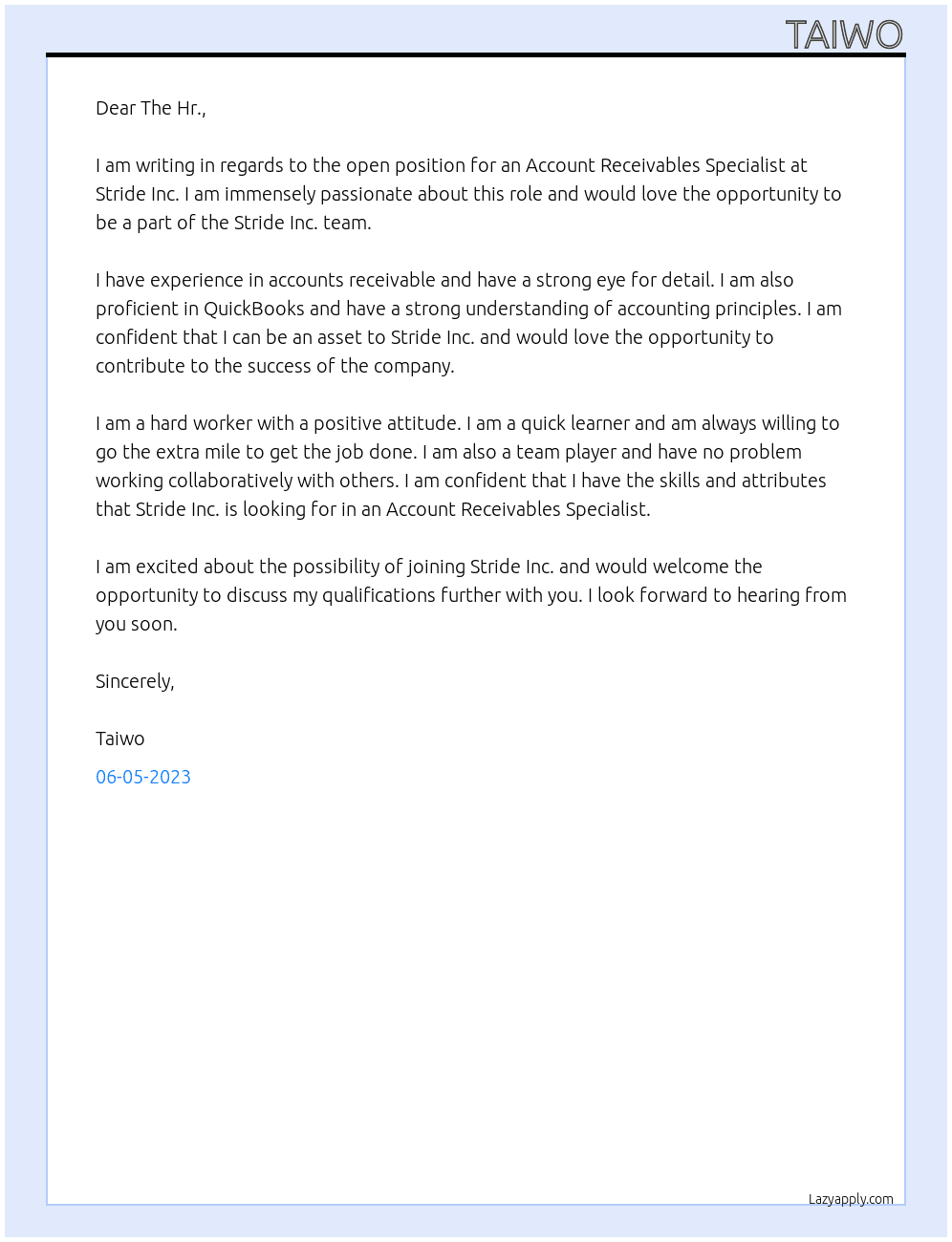 Account Receivables Specialist At Stride Inc. Cover Letter