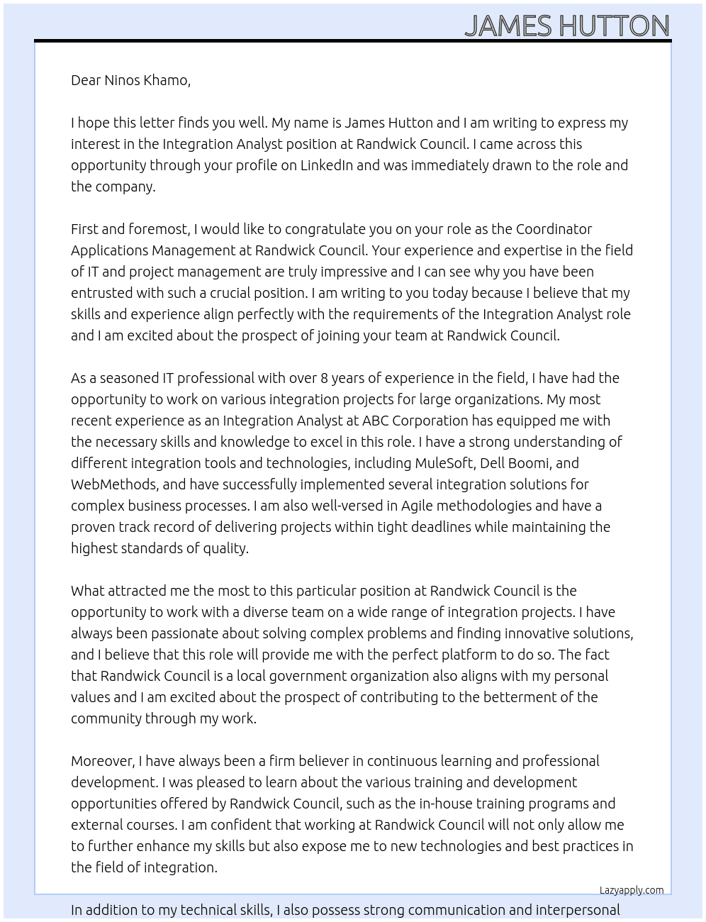 Integration Analyst At Randwick Council Cover Letter