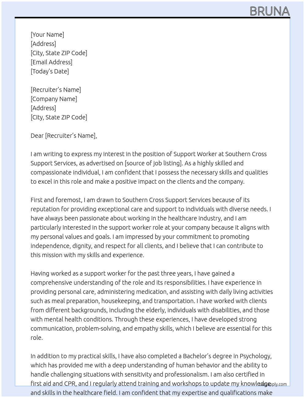 Support Worker At Southern Cross Support Services Cover Letter