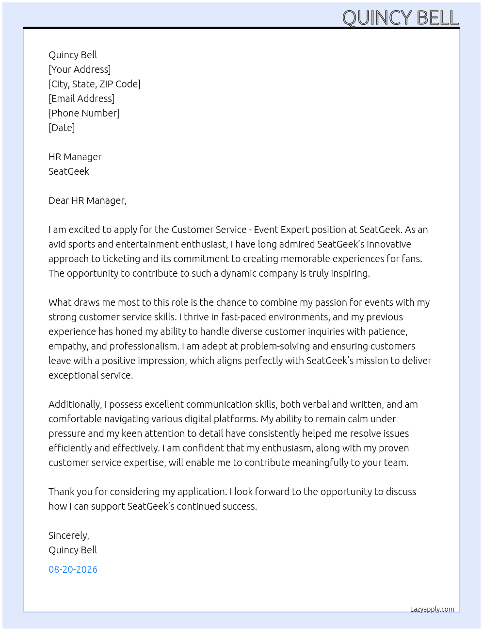 Cover letter for customer service - event expert - LazyApply