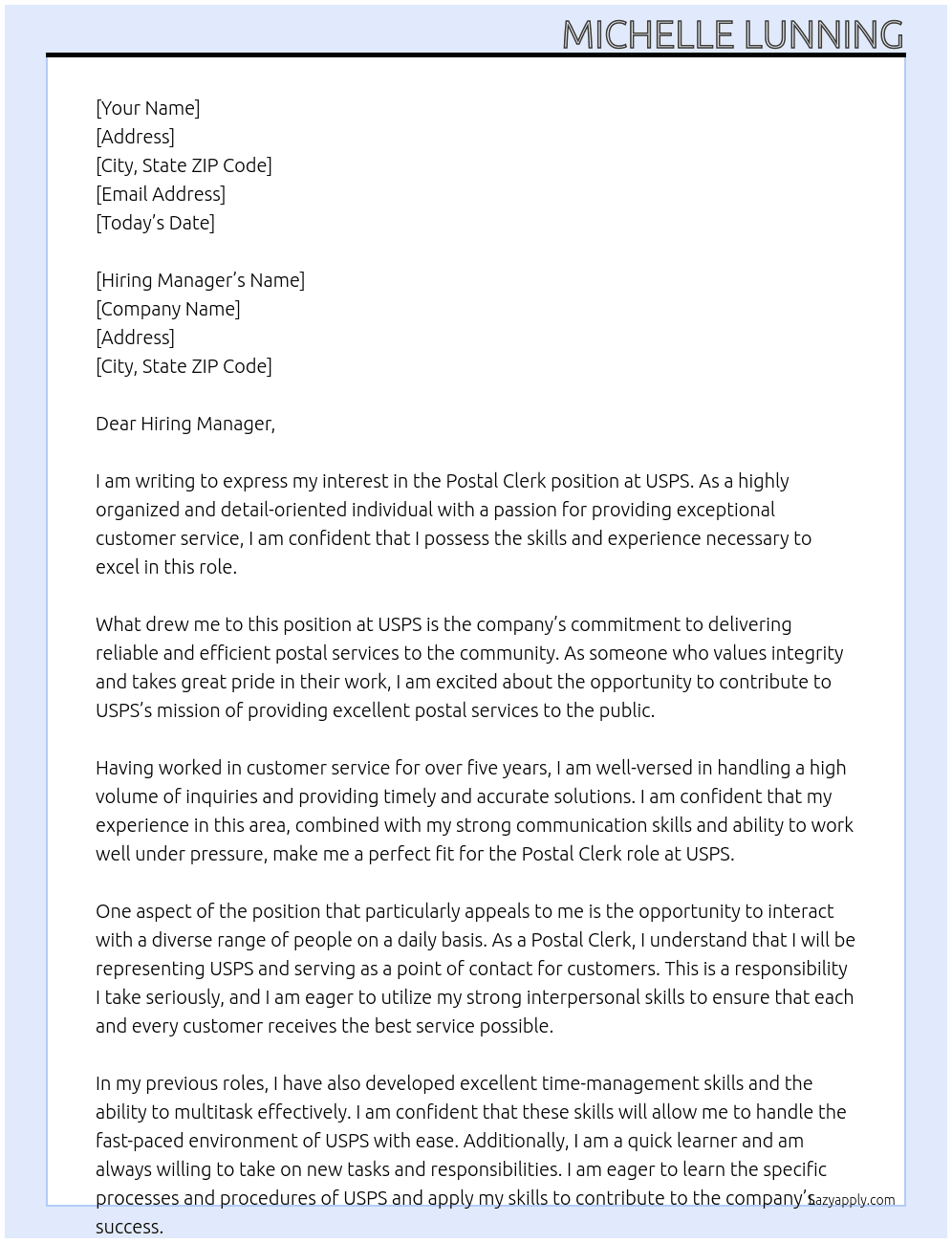 Postal Clerk At USPS Cover Letter