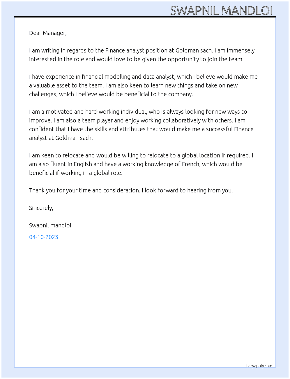 Finance analyst  At Goldman sach Cover Letter