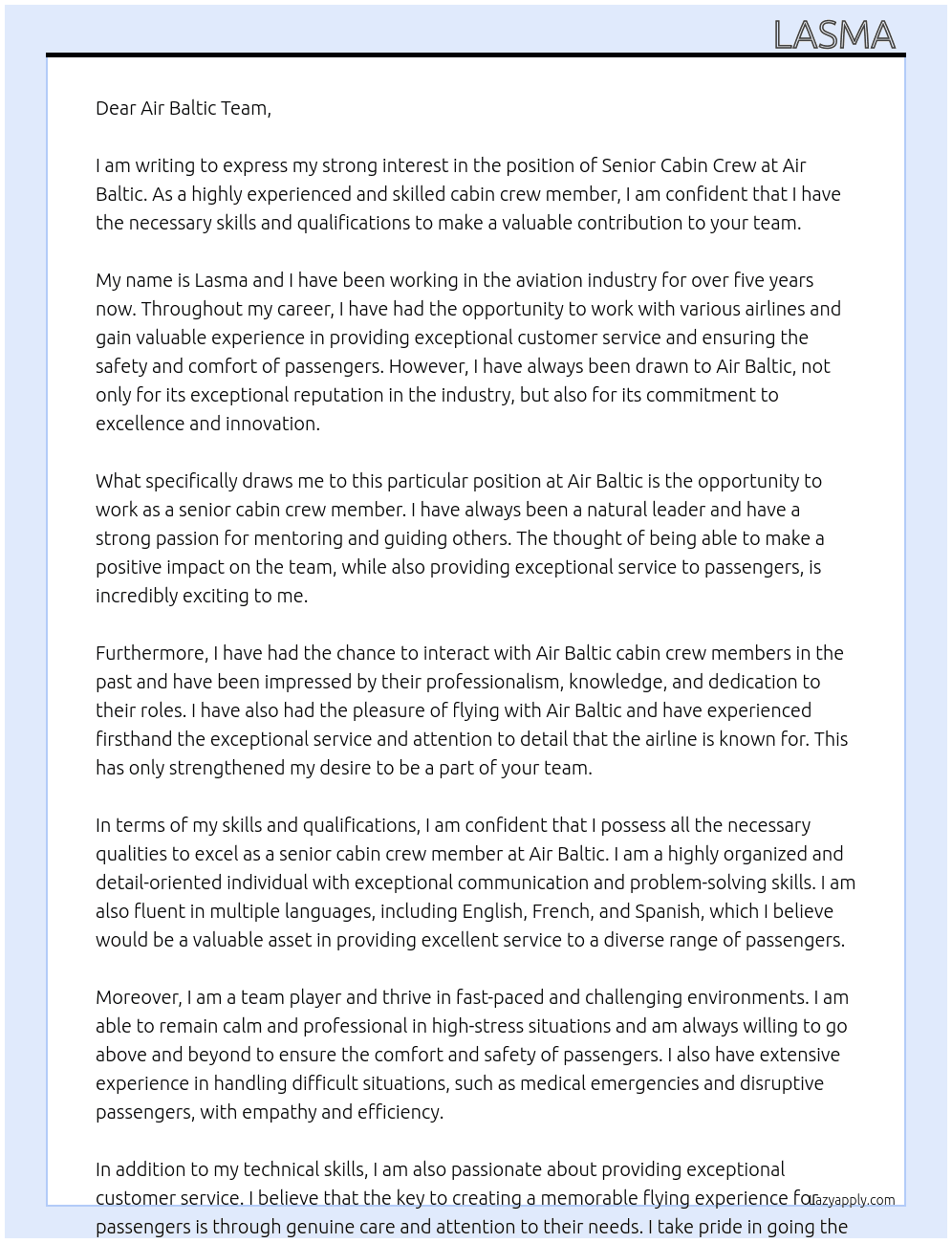 senior cabin crew At air baltic Cover Letter