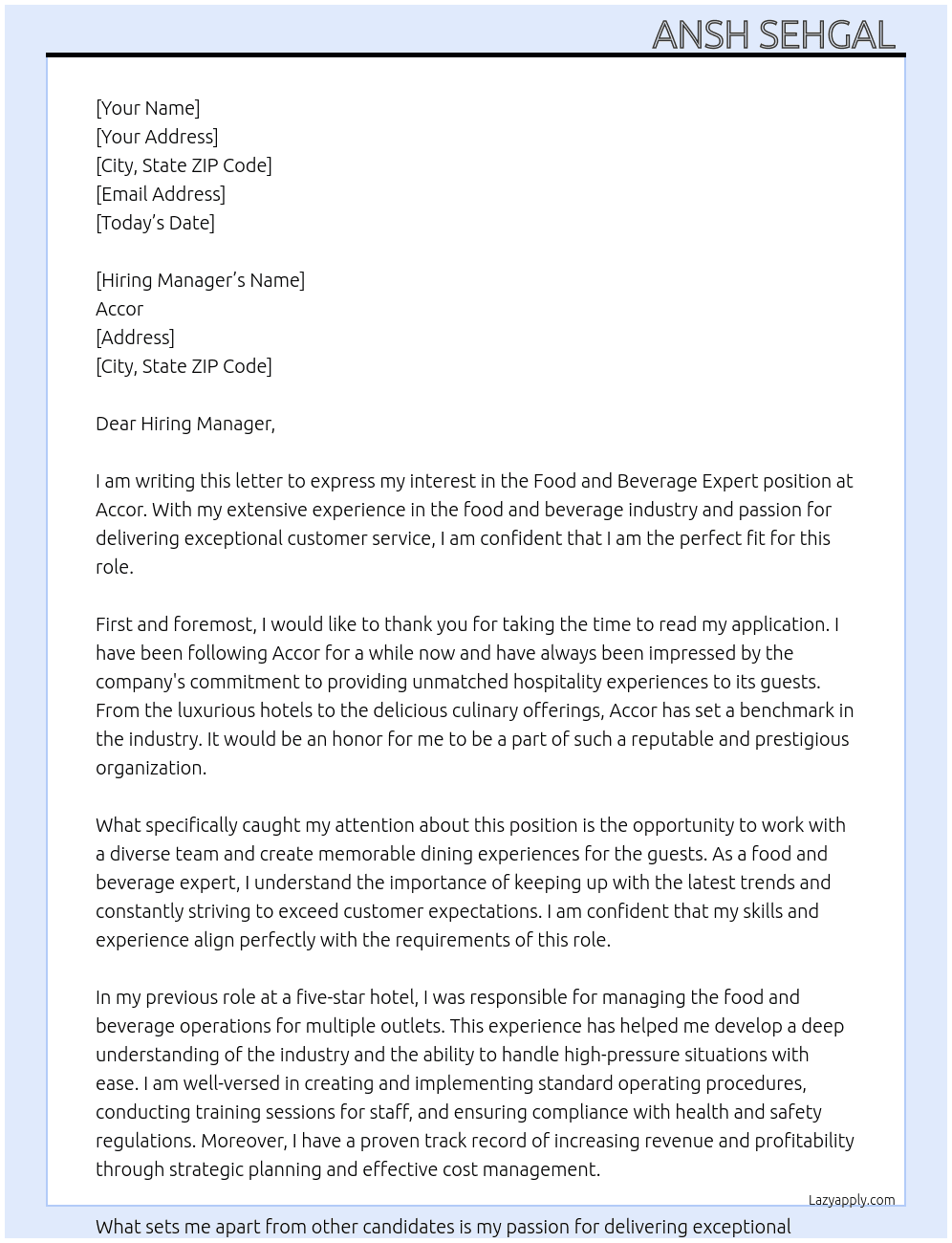 Food and beverage expert  At Accor  Cover Letter