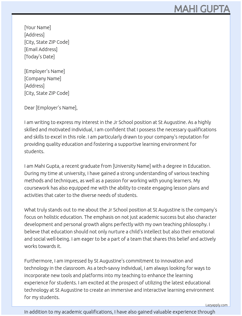 Jr school  At St Augustine  Cover Letter