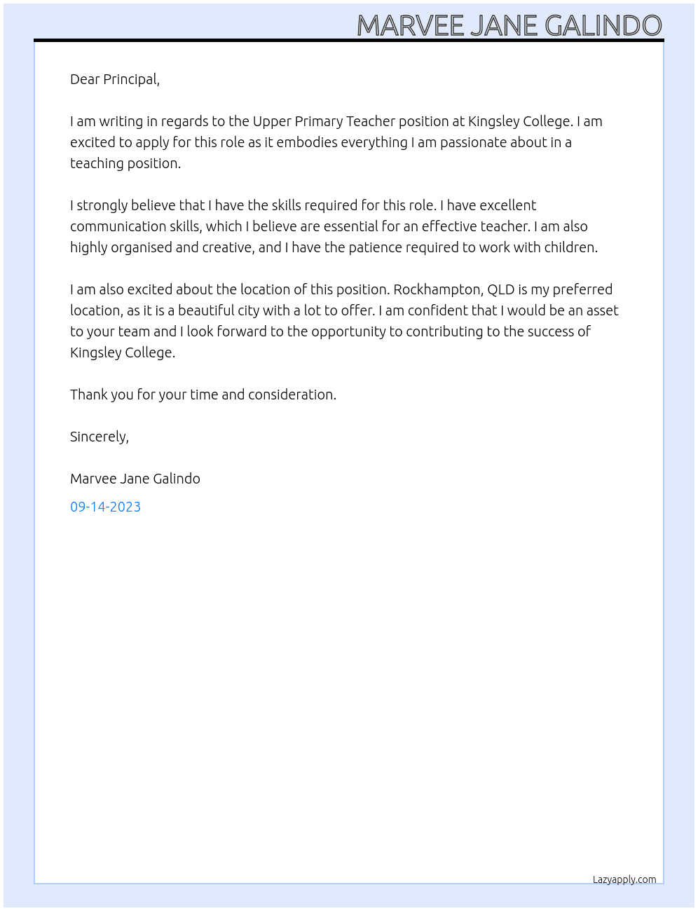 Upper Primary Teacher At Kingsley College Cover Letter