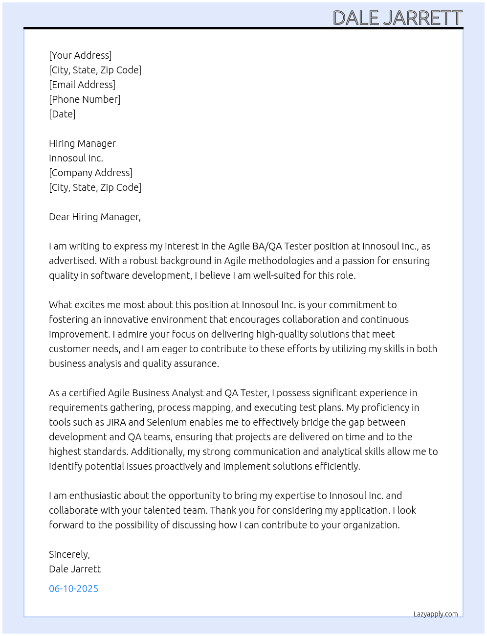 Cover letter for agile ba/qa tester - LazyApply