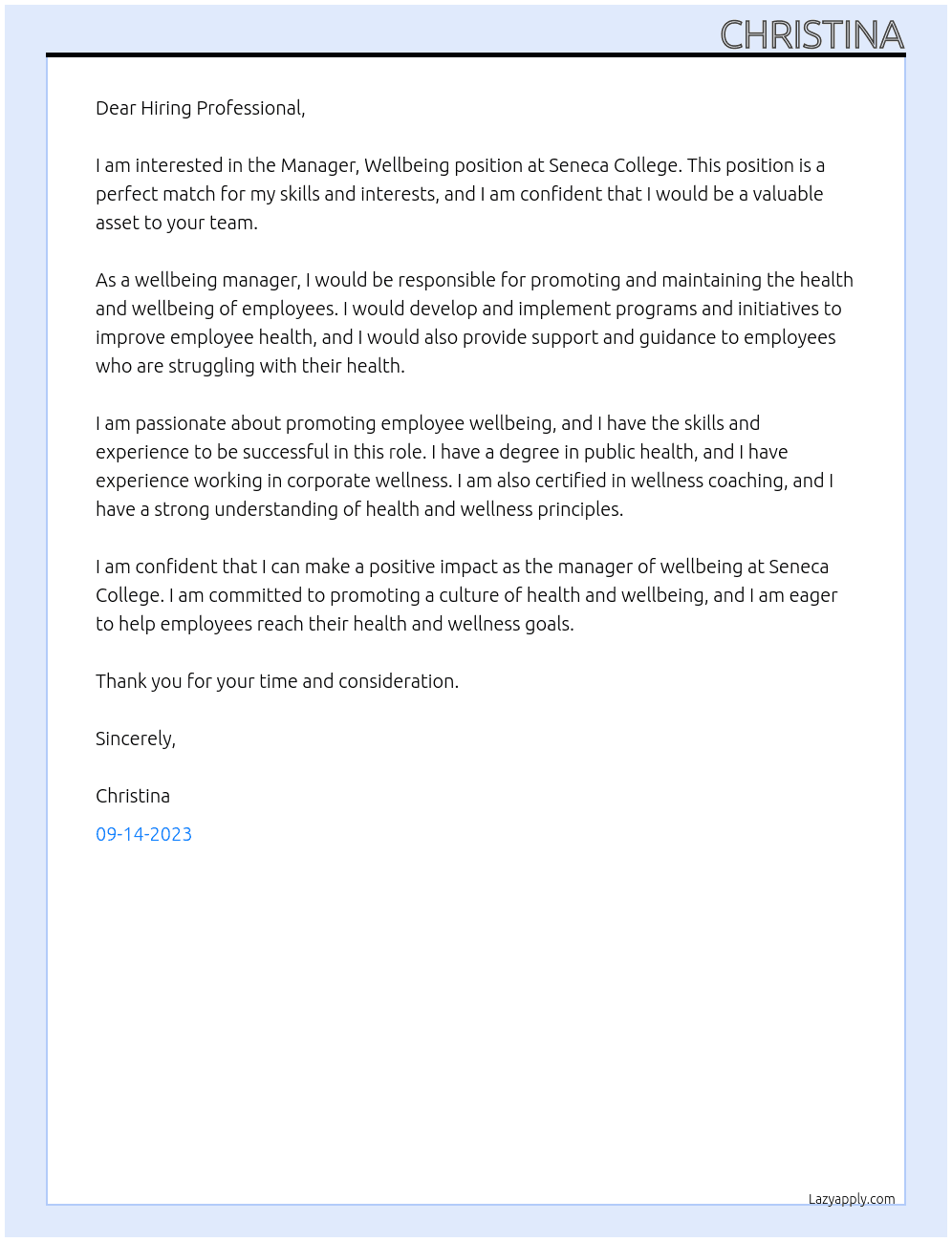 Manager, Wellbeing At Seneca College Cover Letter