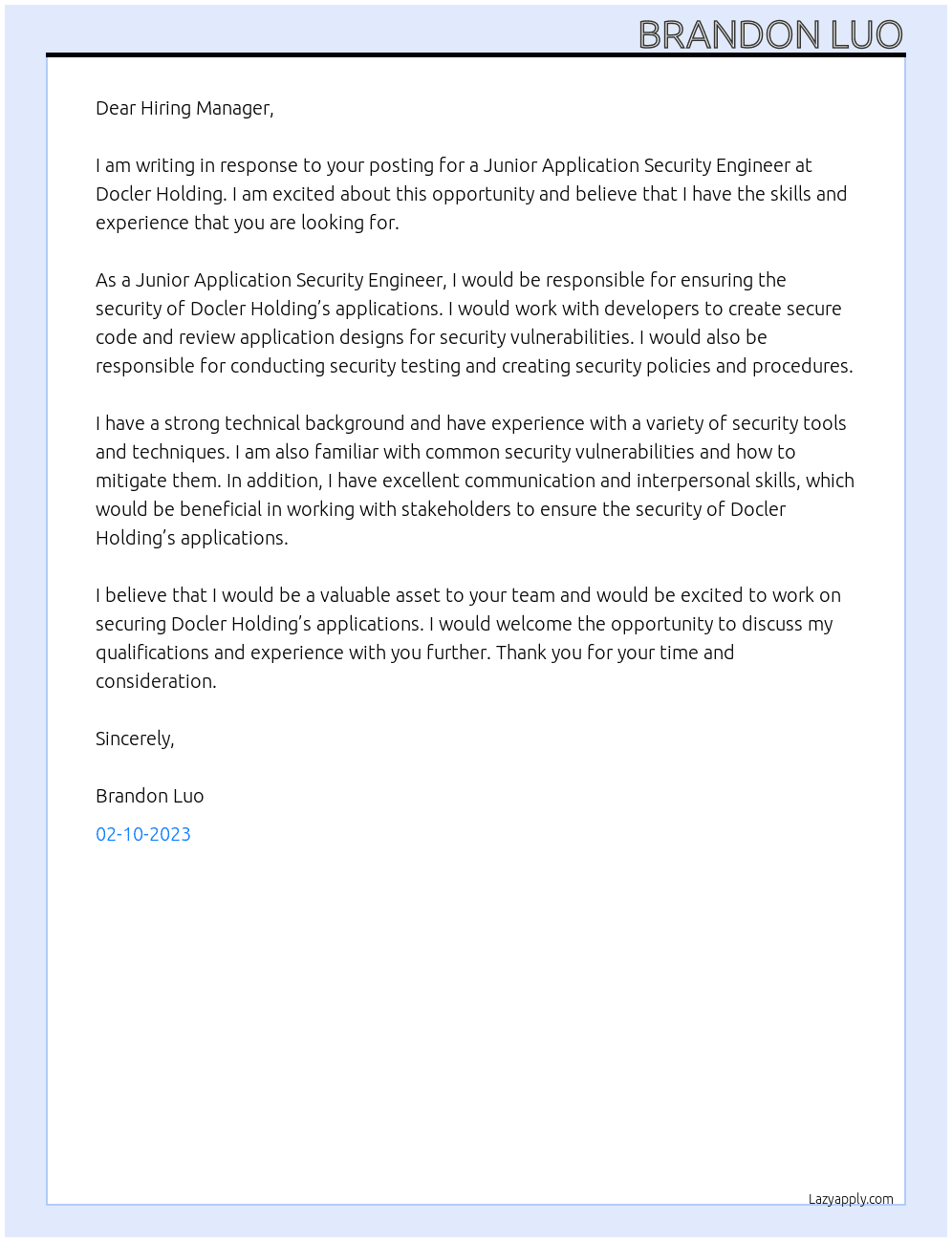Cover letter for junior application security engineer - LazyApply