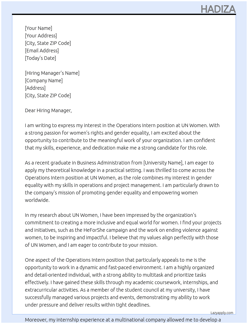 Operations Intern At UN Women  Cover Letter