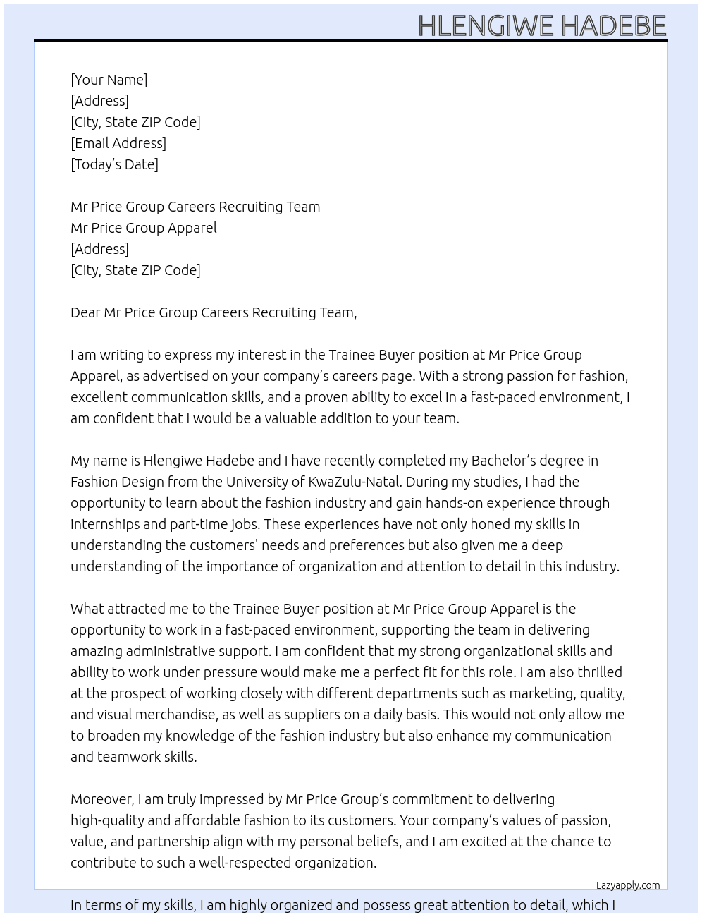 Trainee buyer At Mr Price Group Apparel Cover Letter