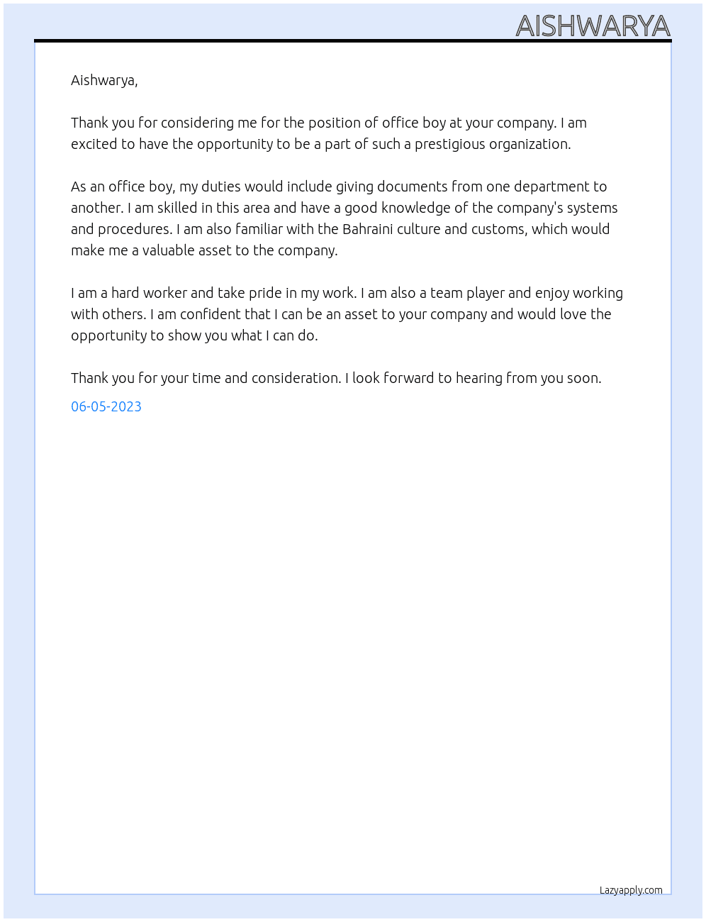 office boy At Aishwarya Cover Letter
