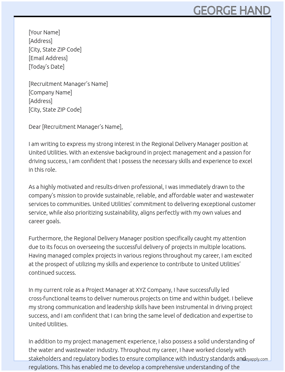 Regional Delivery Manager At United Utlilties Cover Letter