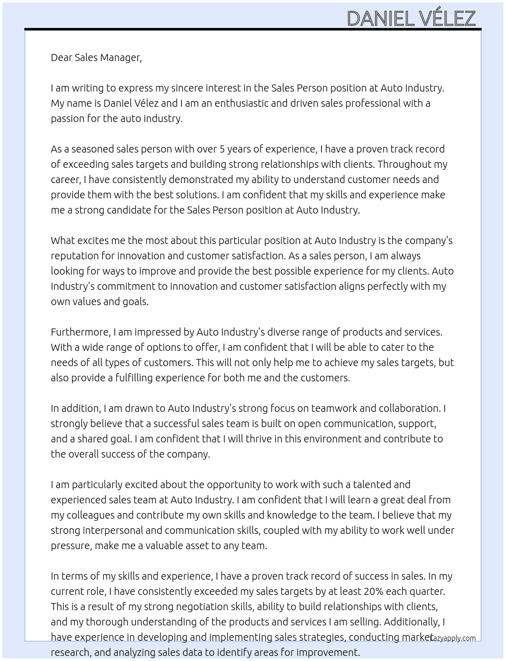 Sales person  At Auto industry  Cover Letter