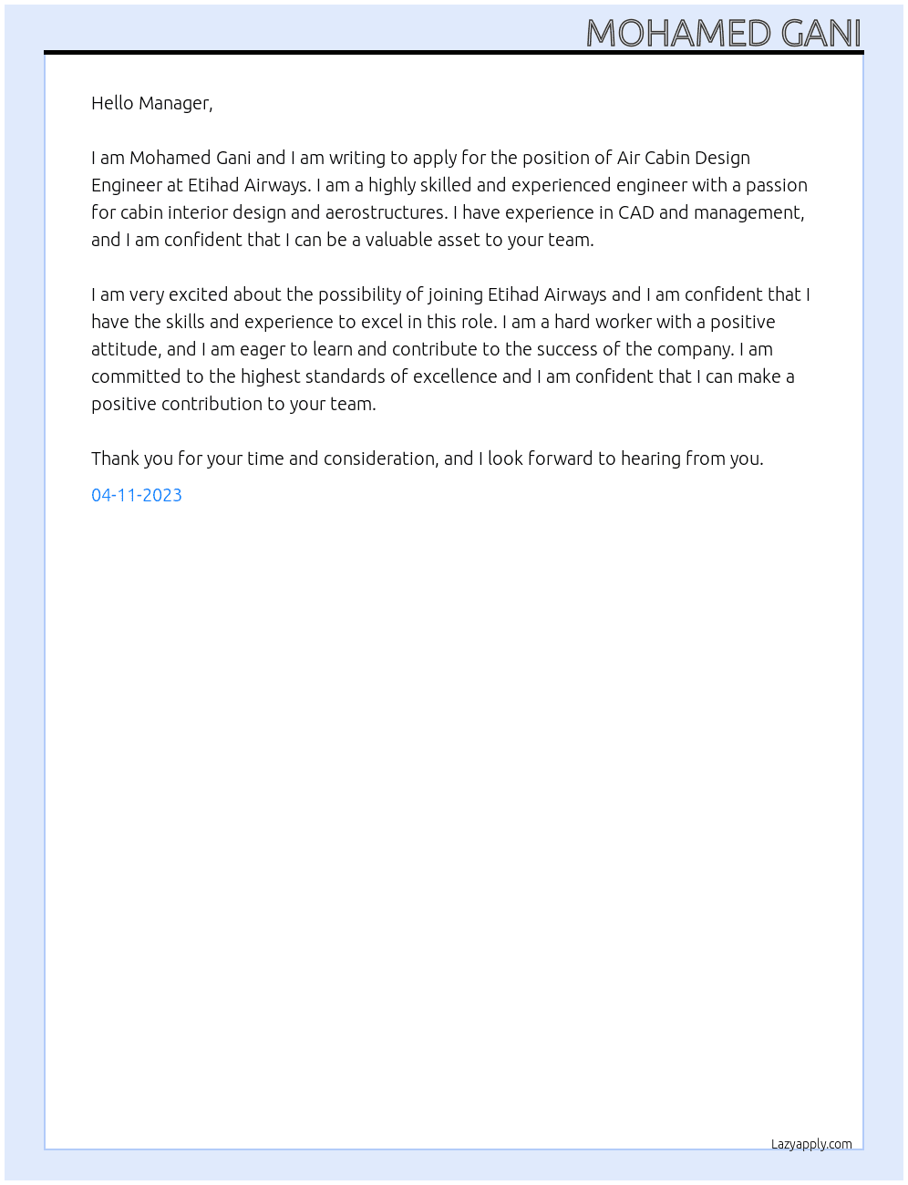 Air cabin design engineer At Etihad airways  Cover Letter