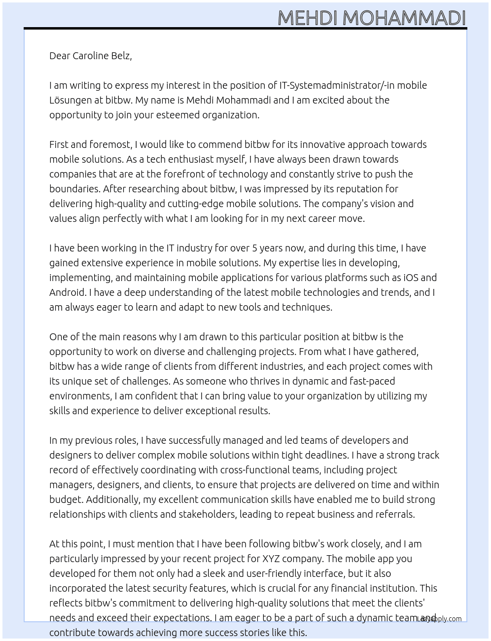 IT-Systemadministrator/-in mobile Lösungen At bitbw Cover Letter