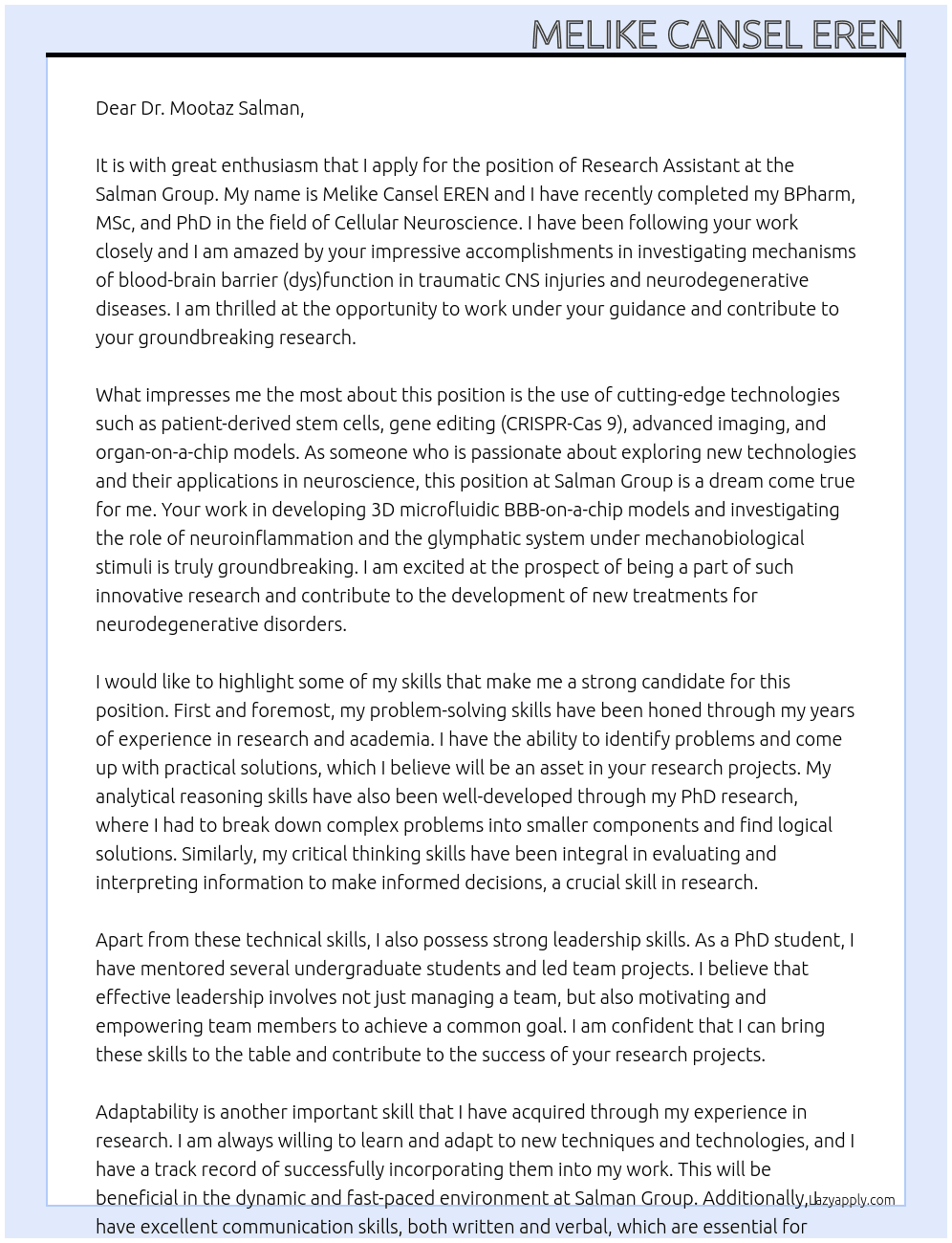 Research Assistant  At Salman Group Cover Letter