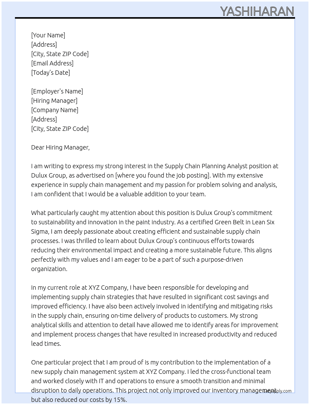 Supply Chain Planning Analyst At Dulux Group Cover Letter
