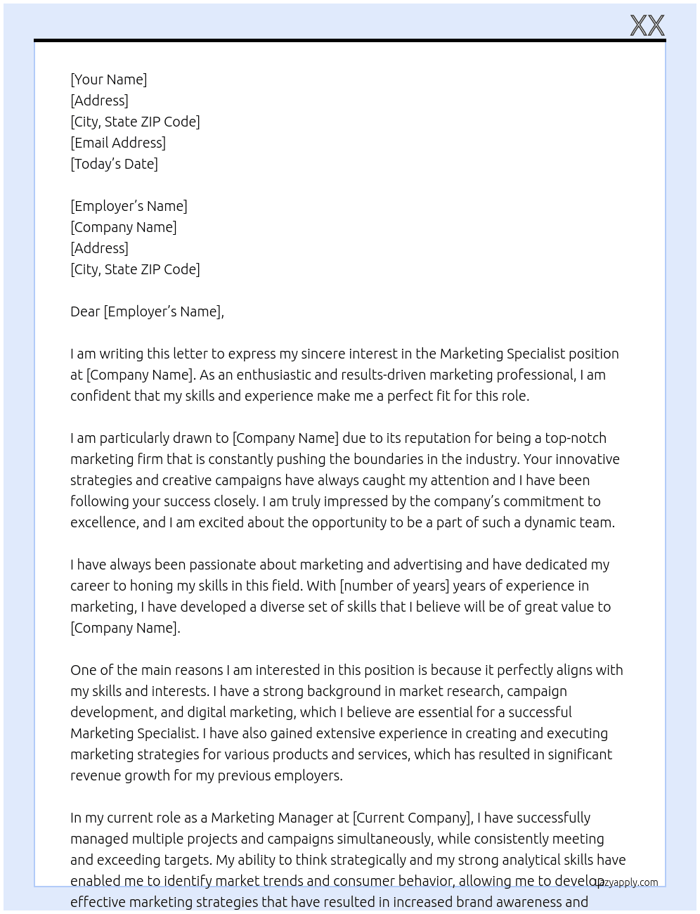 Marketing Specialist At xx Cover Letter